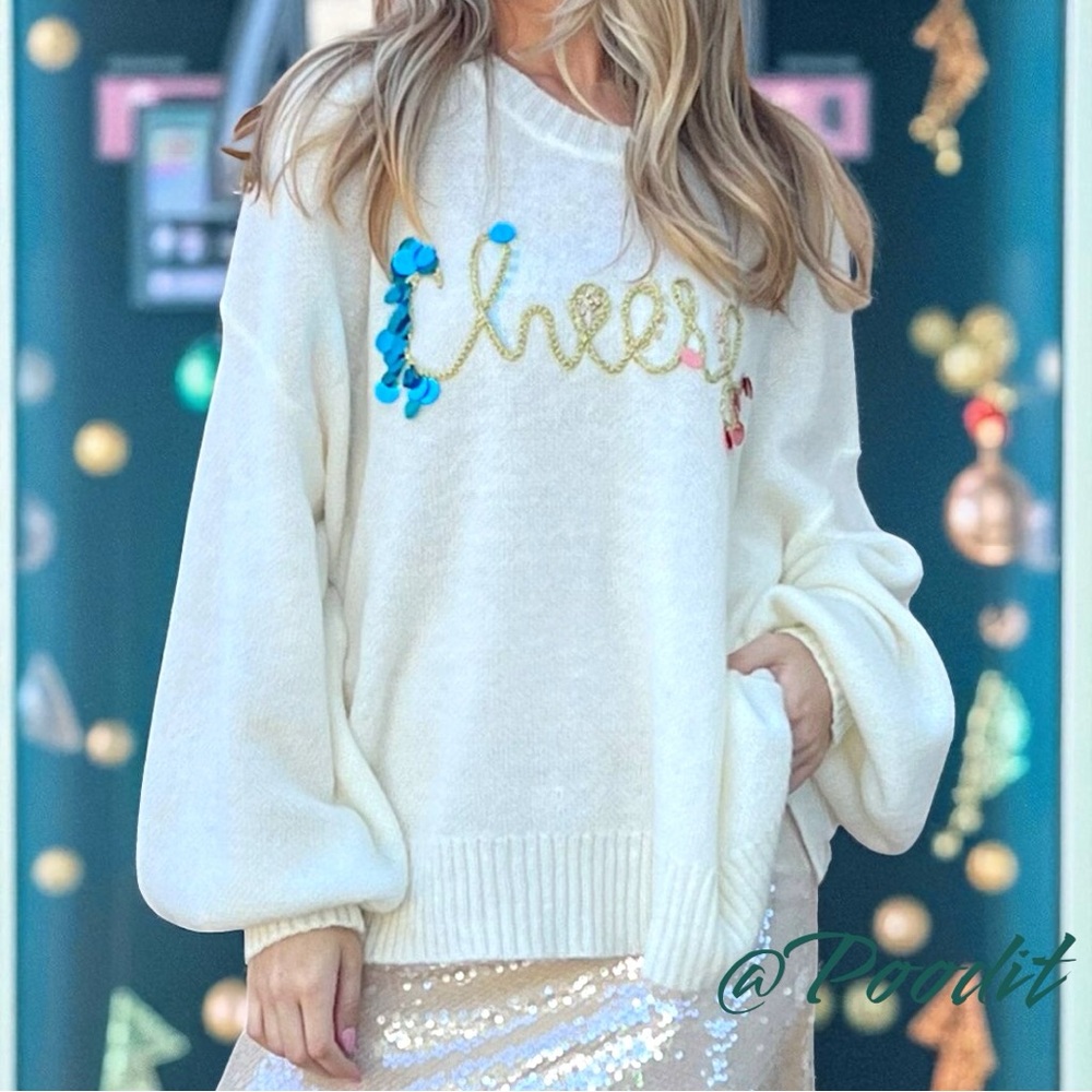 AND THE WHY oversized Cheers ivory part wool holiday sweater S/M M/L Combo Size - Picture 11 of 11